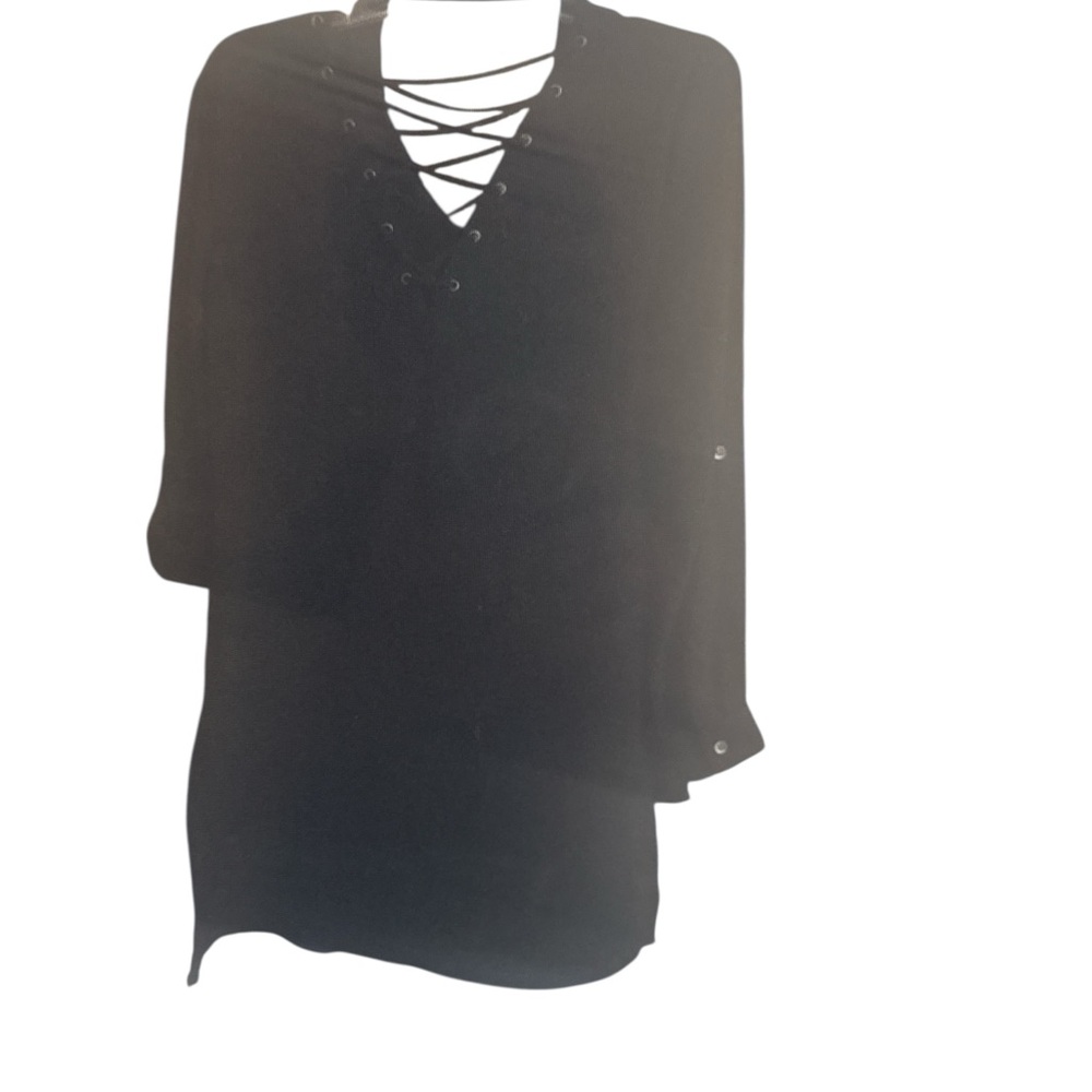Rock & Republic Top Black Lace Up Sexy Front Back Keyhole Roll Tab Long Sleeves - Picture 5 of 5